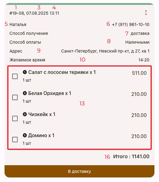 Карточка заказа на доставку